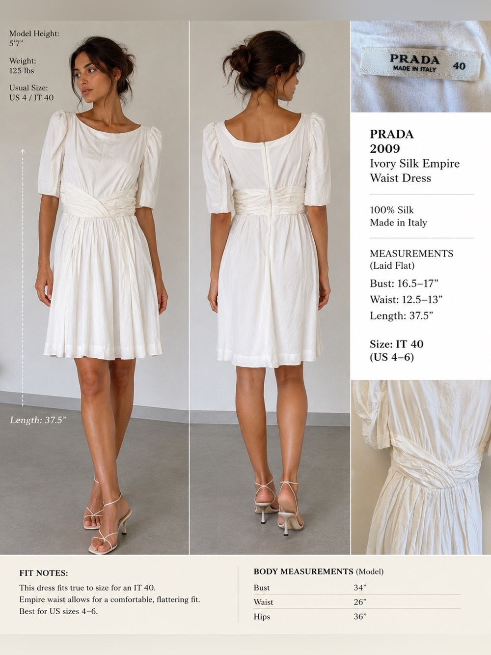 PRADA 2009 Ivory Silk Empire Waist Puff Sleeve Dress IT 40 / US 4-6